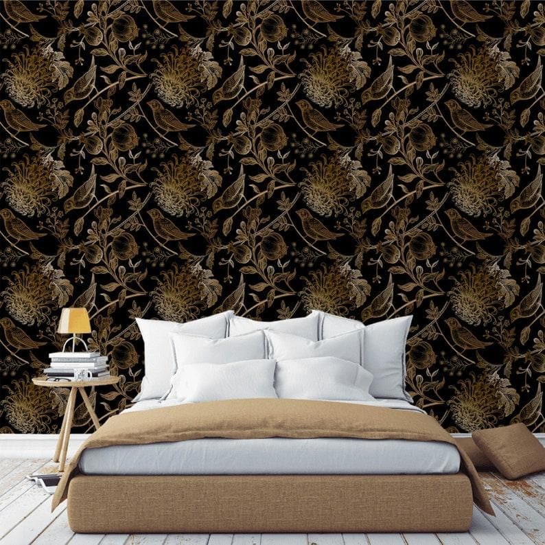 Dark Golden Birds and Botanical Floral Wallpaper