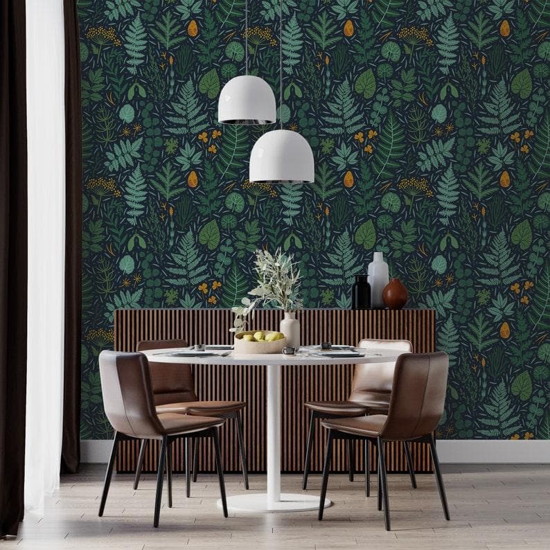 Dark Green and Blue Ferns and Leaves Botanical Wallpaper