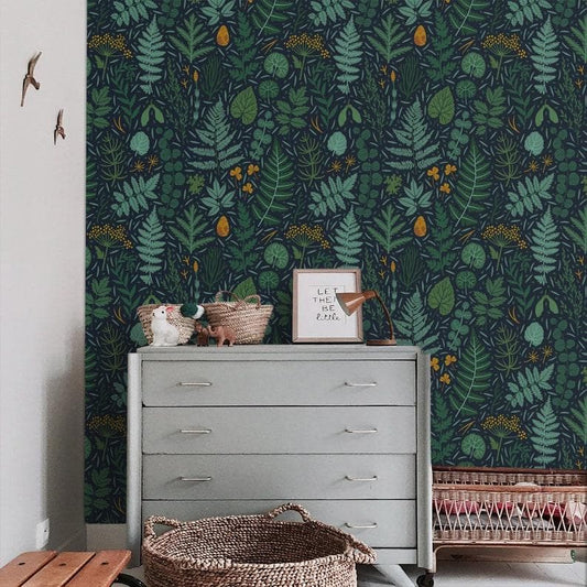 Dark Green and Blue Ferns and Leaves Botanical Wallpaper - MAIA HOMES