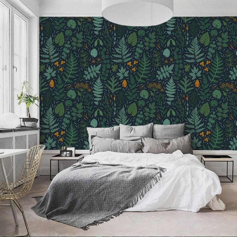 Dark Green and Blue Ferns and Leaves Botanical Wallpaper