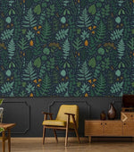 Dark Green and Blue Ferns and Leaves Botanical Wallpaper