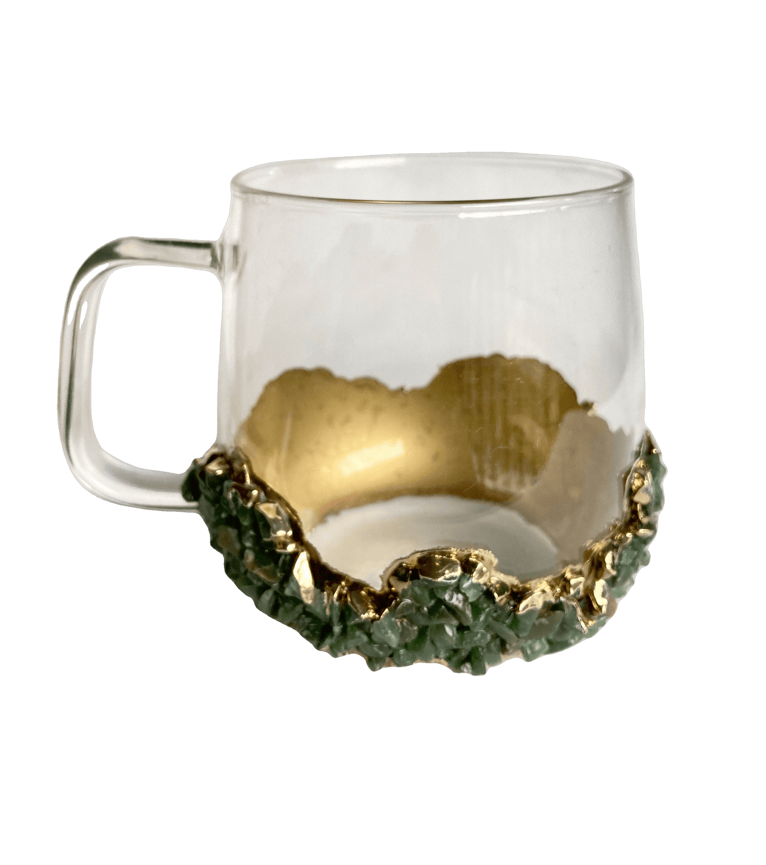 Dark Green Quartz Glass Coffee Mug with Handle - Set of 2 Rose Gold Finish