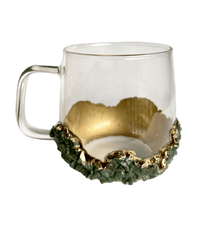 Dark Green Quartz Glass Coffee Mug with Handle - Set of 2 Rose Gold Finish