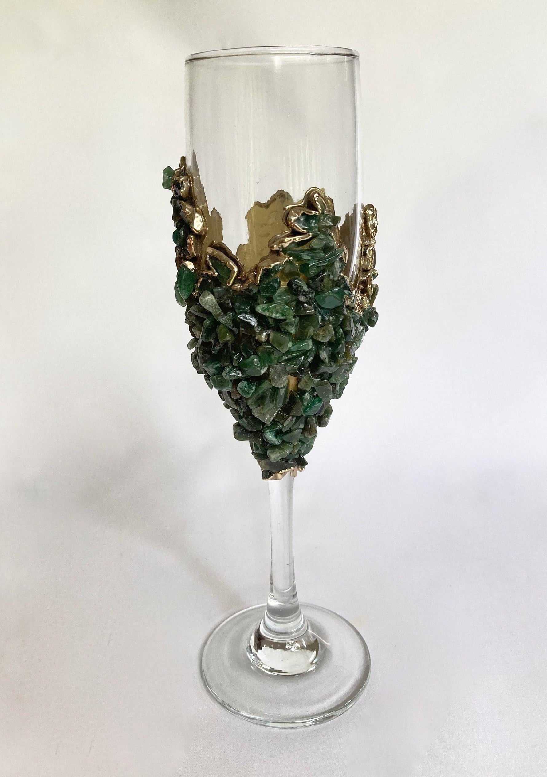 Dark Green Quartz Wine Glass - Set of 2 Rose Gold Finish