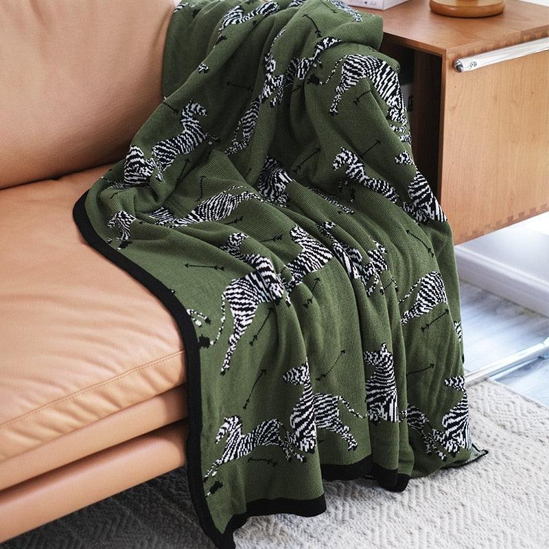 Dark Green Zebra Knitted Cotton Blanket with Black Fringes - MAIA HOMES