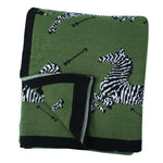 Dark Green Zebra Knitted Cotton Blanket with Black Fringes