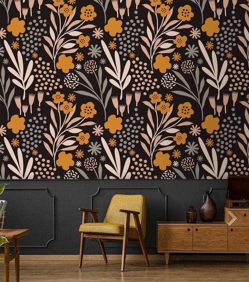 Dark Modern Drawing Yellow Floral Wallpaper