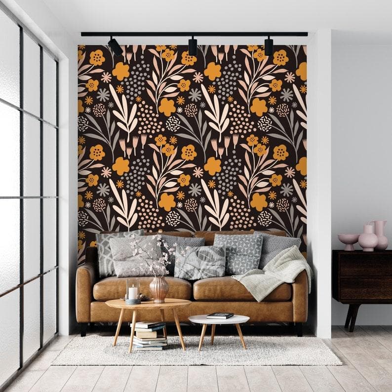 Dark Modern Drawing Yellow Floral Wallpaper - MAIA HOMES