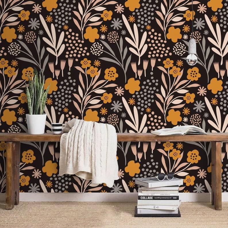 Dark Modern Drawing Yellow Floral Wallpaper