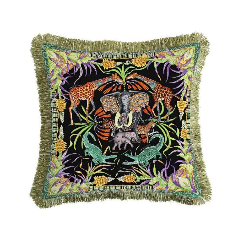 Dark Safari World Fringed Throw Pillow Cover Black