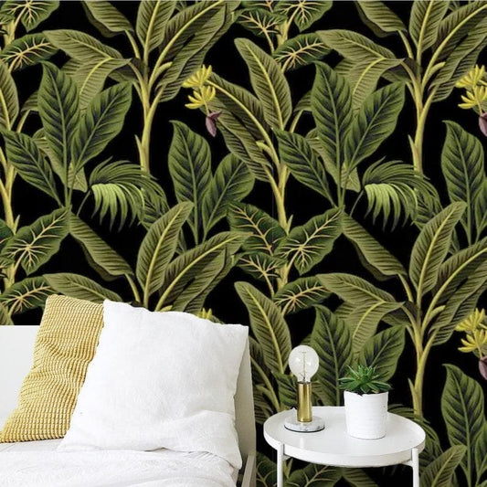 Dark Tropical Banana and Palm Tree Watercolor Wallpaper - MAIA HOMES