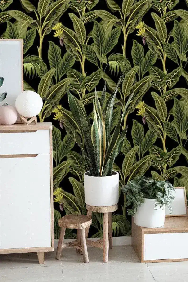 Dark Tropical Banana and Palm Tree Watercolor Wallpaper