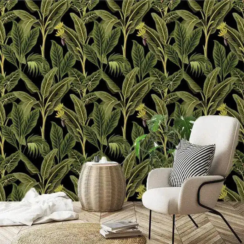 Dark Tropical Banana and Palm Tree Watercolor Wallpaper