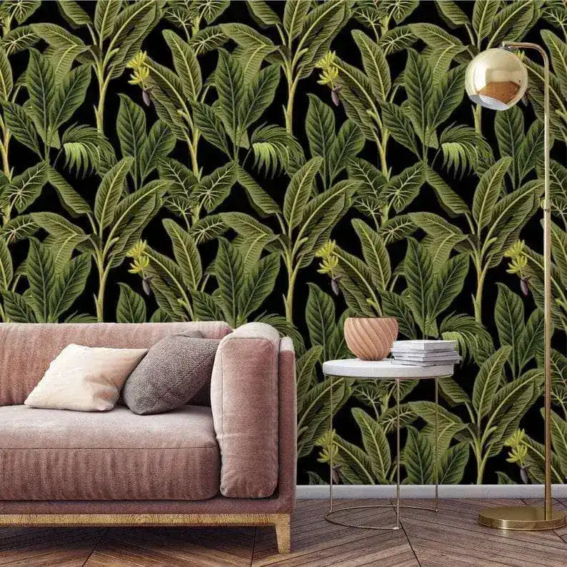 Dark Tropical Banana and Palm Tree Watercolor Wallpaper