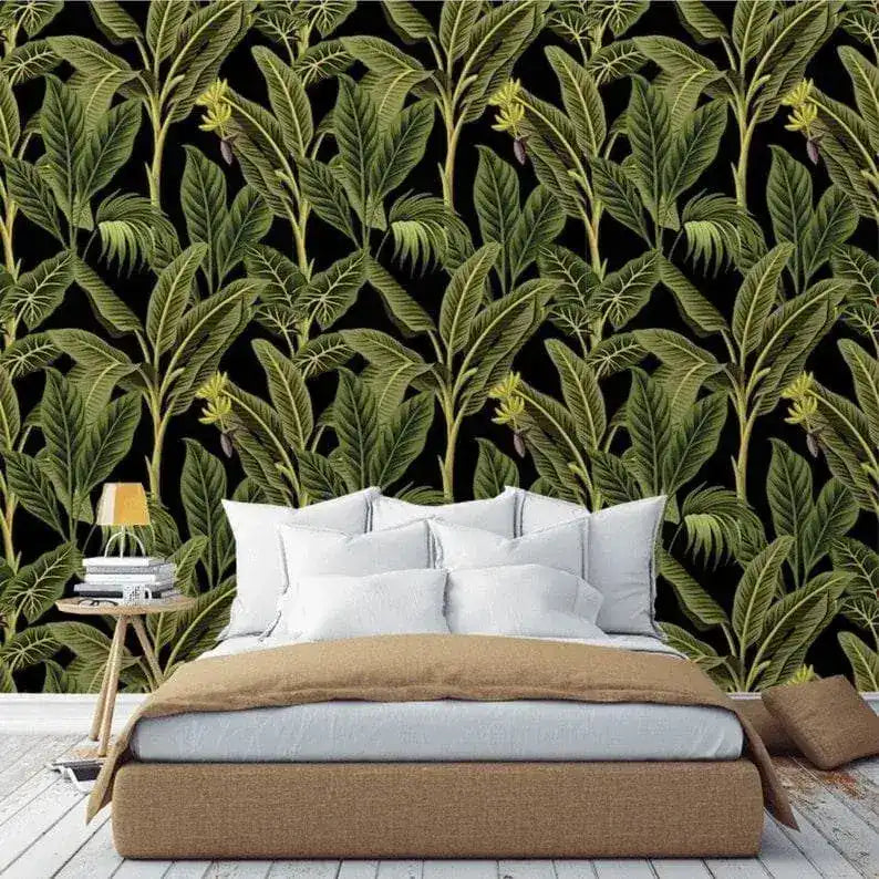 Dark Tropical Banana and Palm Tree Watercolor Wallpaper