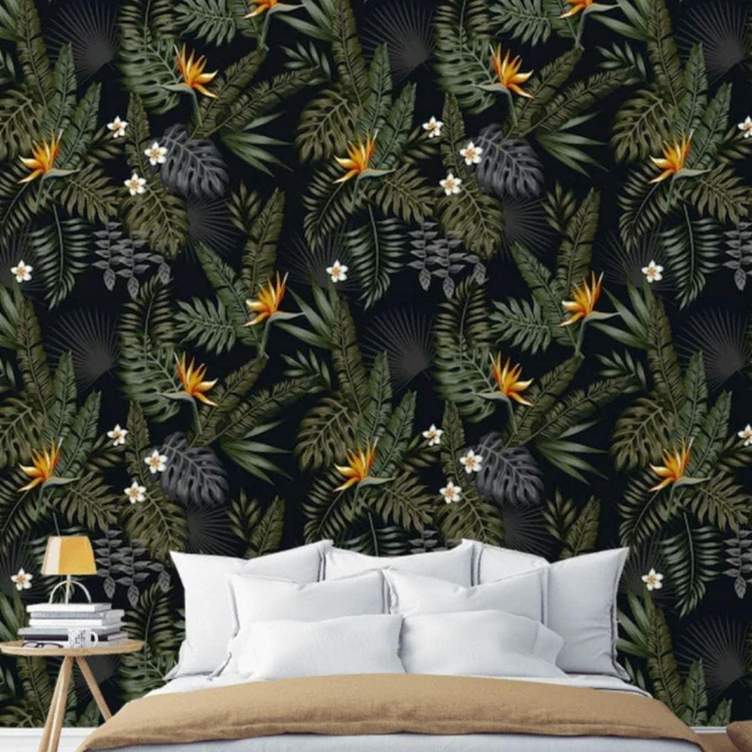 Dark Tropical Leaves and Flowers Wallpaper - MAIA HOMES