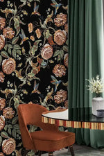 Dark Vintage Floral and Hummingbird Wallpaper