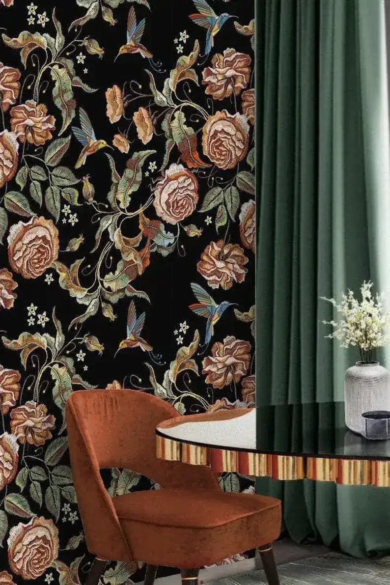Dark Vintage Floral and Hummingbird Wallpaper