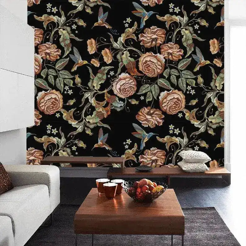 Dark Vintage Floral and Hummingbird Wallpaper