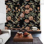 Dark Vintage Floral and Hummingbird Wallpaper