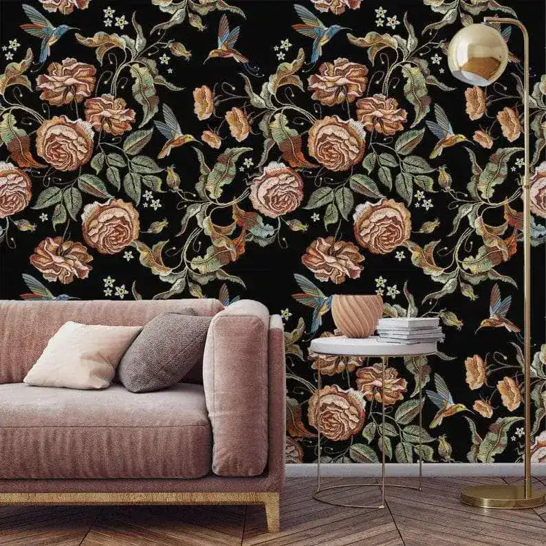 Dark Vintage Floral and Hummingbird Wallpaper