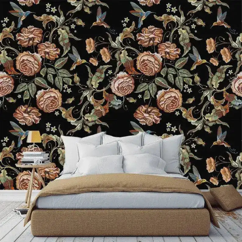 Dark Vintage Floral and Hummingbird Wallpaper