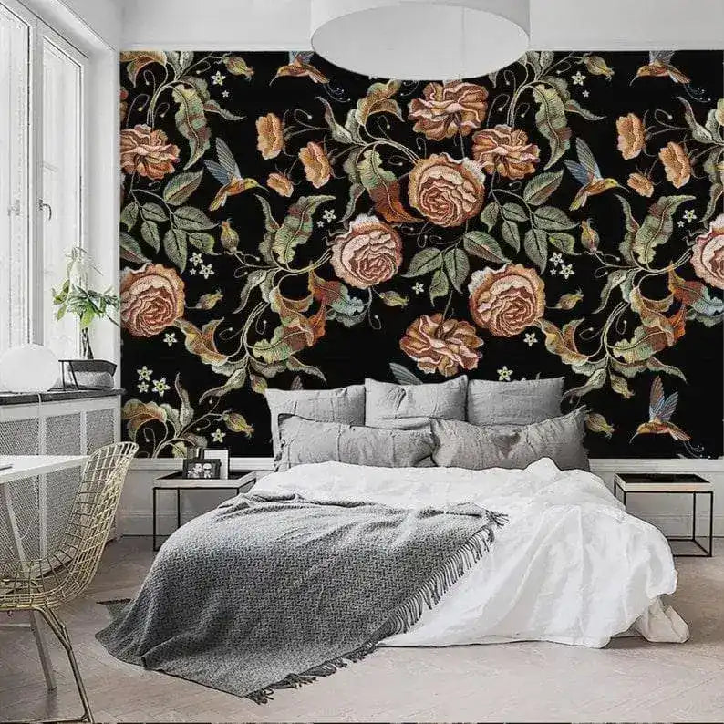 Dark Vintage Floral and Hummingbird Wallpaper