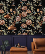Dark Vintage Floral and Hummingbird Wallpaper