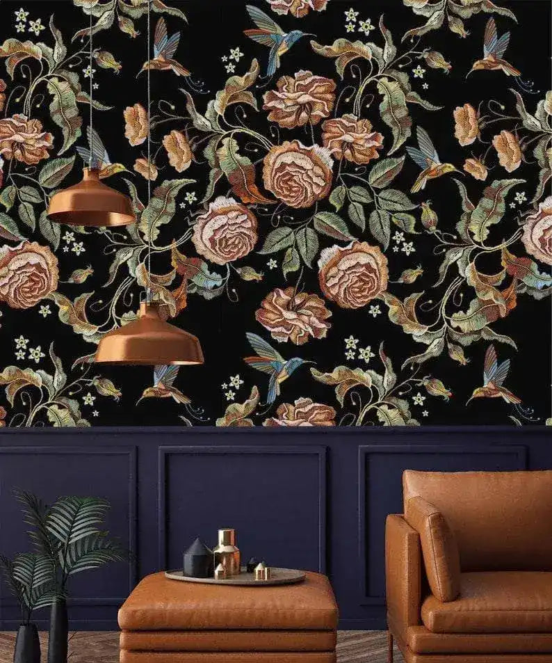 Dark Vintage Floral and Hummingbird Wallpaper