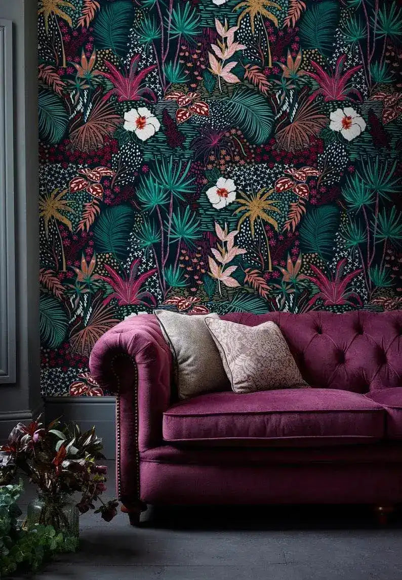 Dark Watercolor Tropical Floral Wallpaper