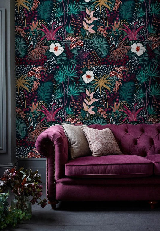 Dark Watercolor Tropical Floral Wallpaper - MAIA HOMES