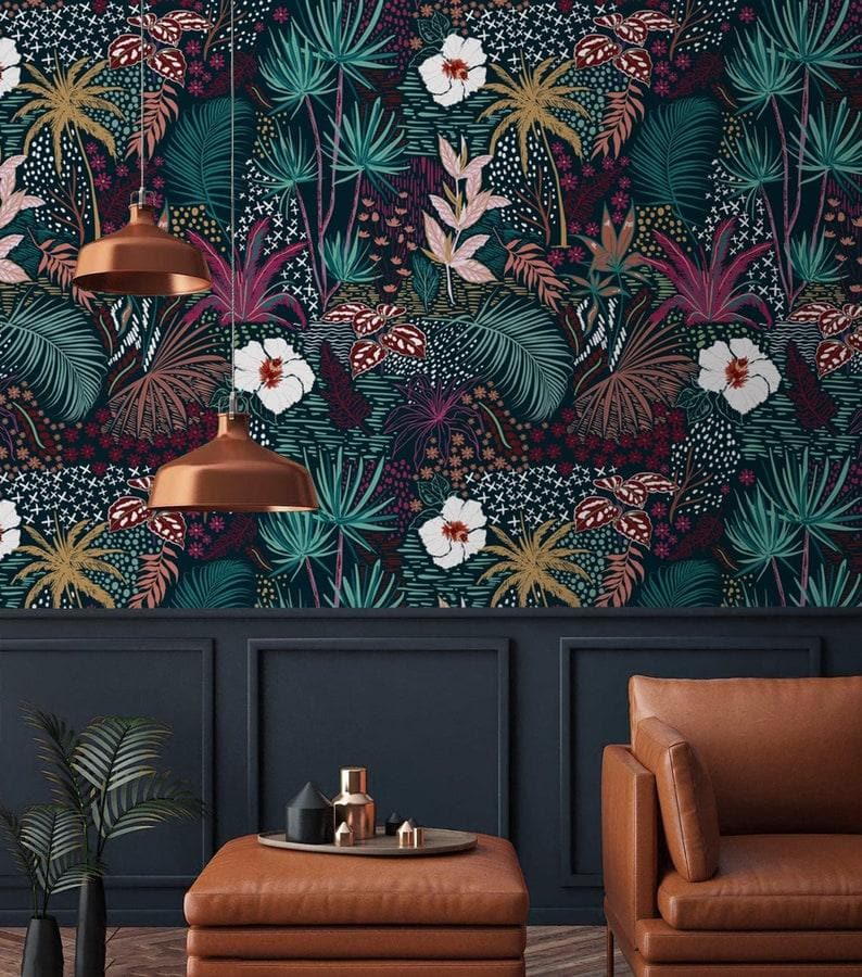Dark Watercolor Tropical Floral Wallpaper - MAIA HOMES