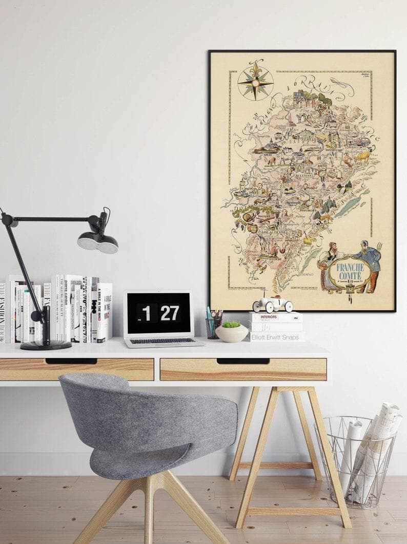 Decorative Map of Bourgogne Franche Comte, France| Vintage Map Art - MAIA HOMES