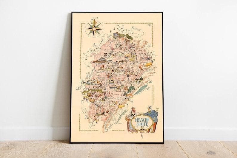 Decorative Map of Bourgogne Franche Comte, France| Vintage Map Art - MAIA HOMES