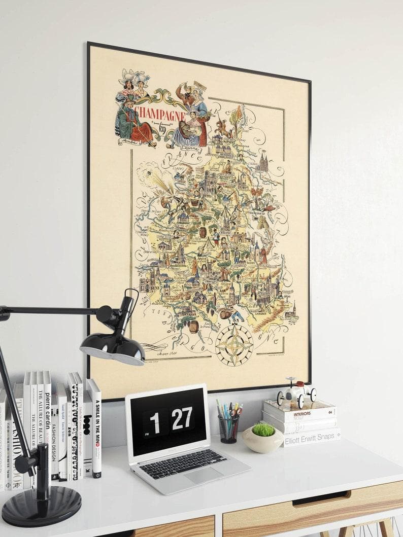 Decorative Map of Champagne Region, France| Vintage Map Art - MAIA HOMES