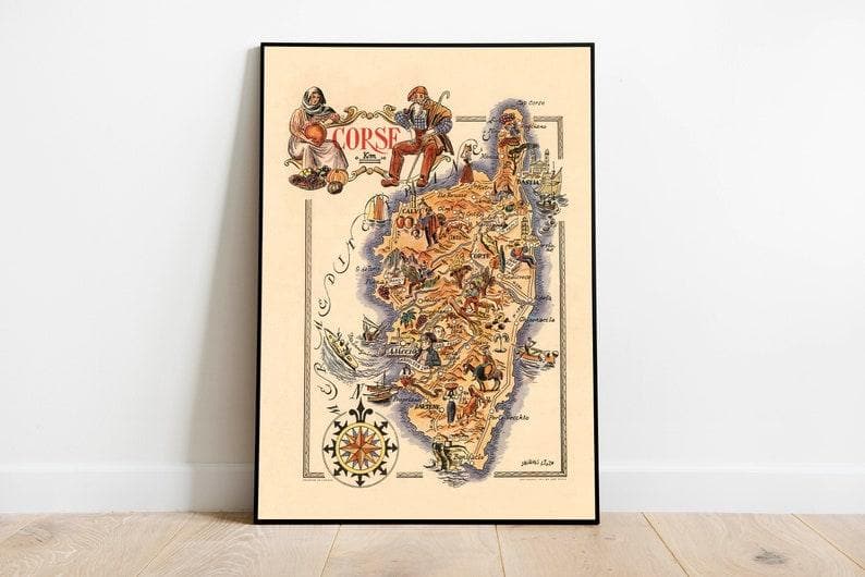 Decorative Map of Corsica, France| Vintage Map Art - MAIA HOMES