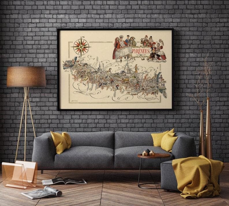 Decorative Map of Pyrenees, France| Vintage Map Art - MAIA HOMES