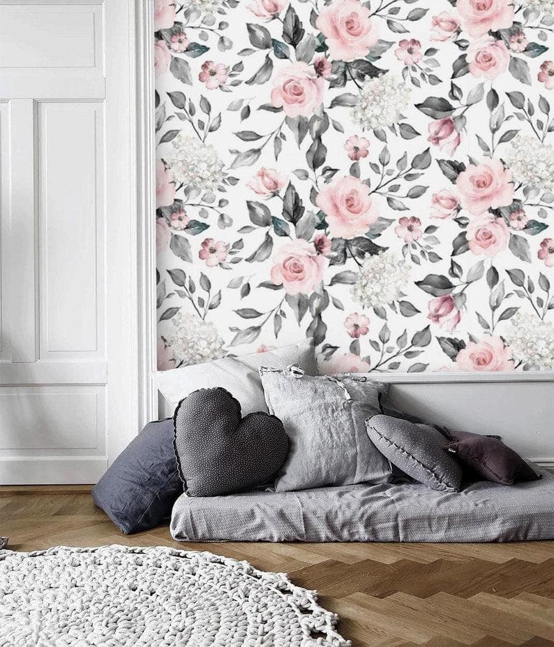 Delicate Blush Roses Floral Wallpaper