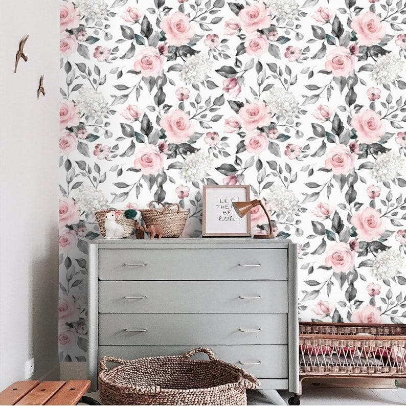 Delicate Blush Roses Floral Wallpaper