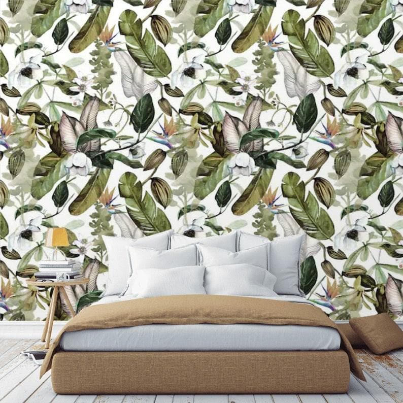 Delicate Tropical Leaves Watercolor Wallpaper - MAIA HOMES