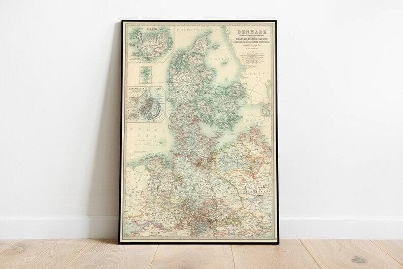 Denmark Map Wall Print| 1893 Denmark Map