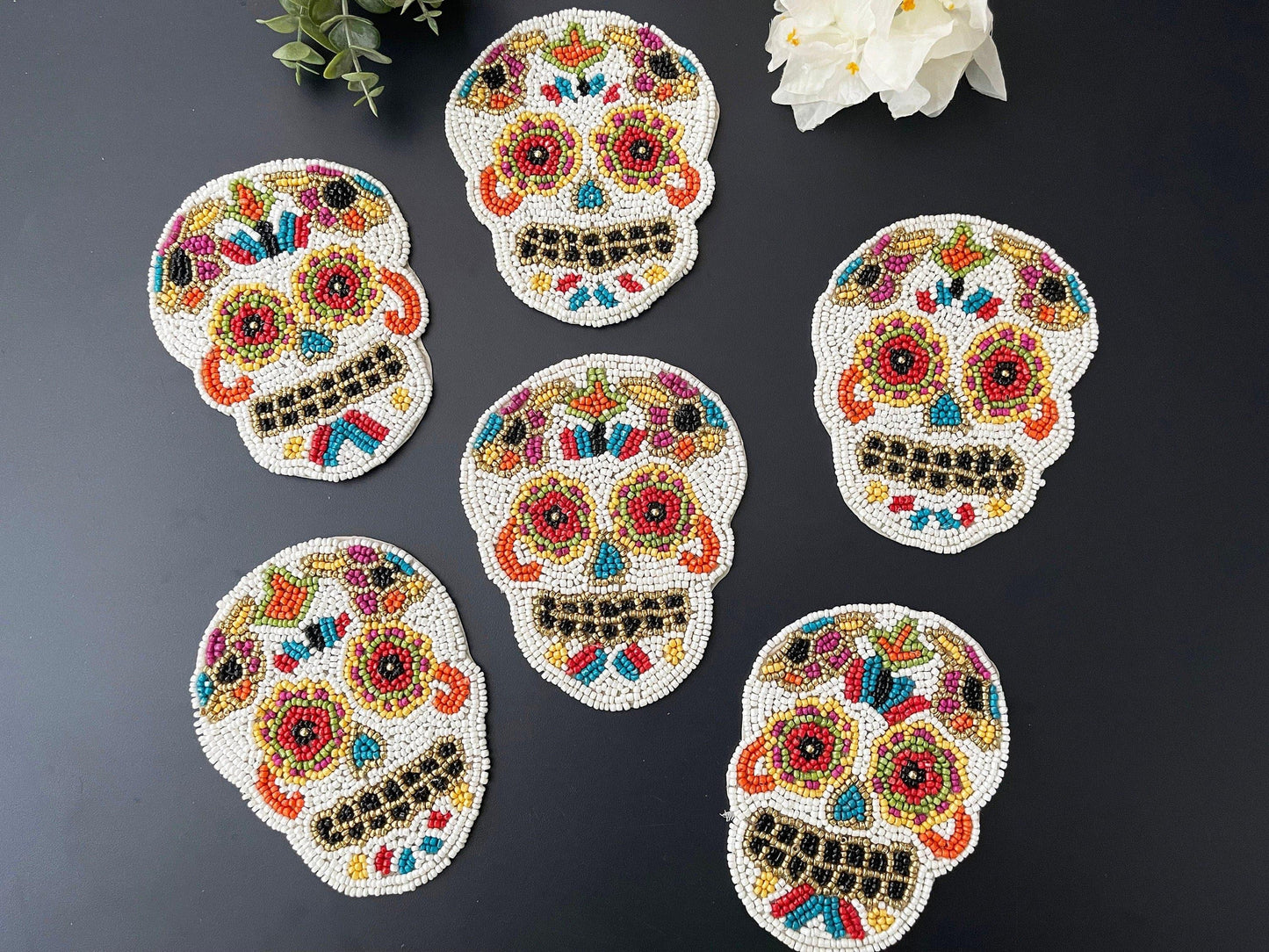 Dia de los Muertos Halloween Skull Bead Coasters Set of 6 - MAIA HOMES