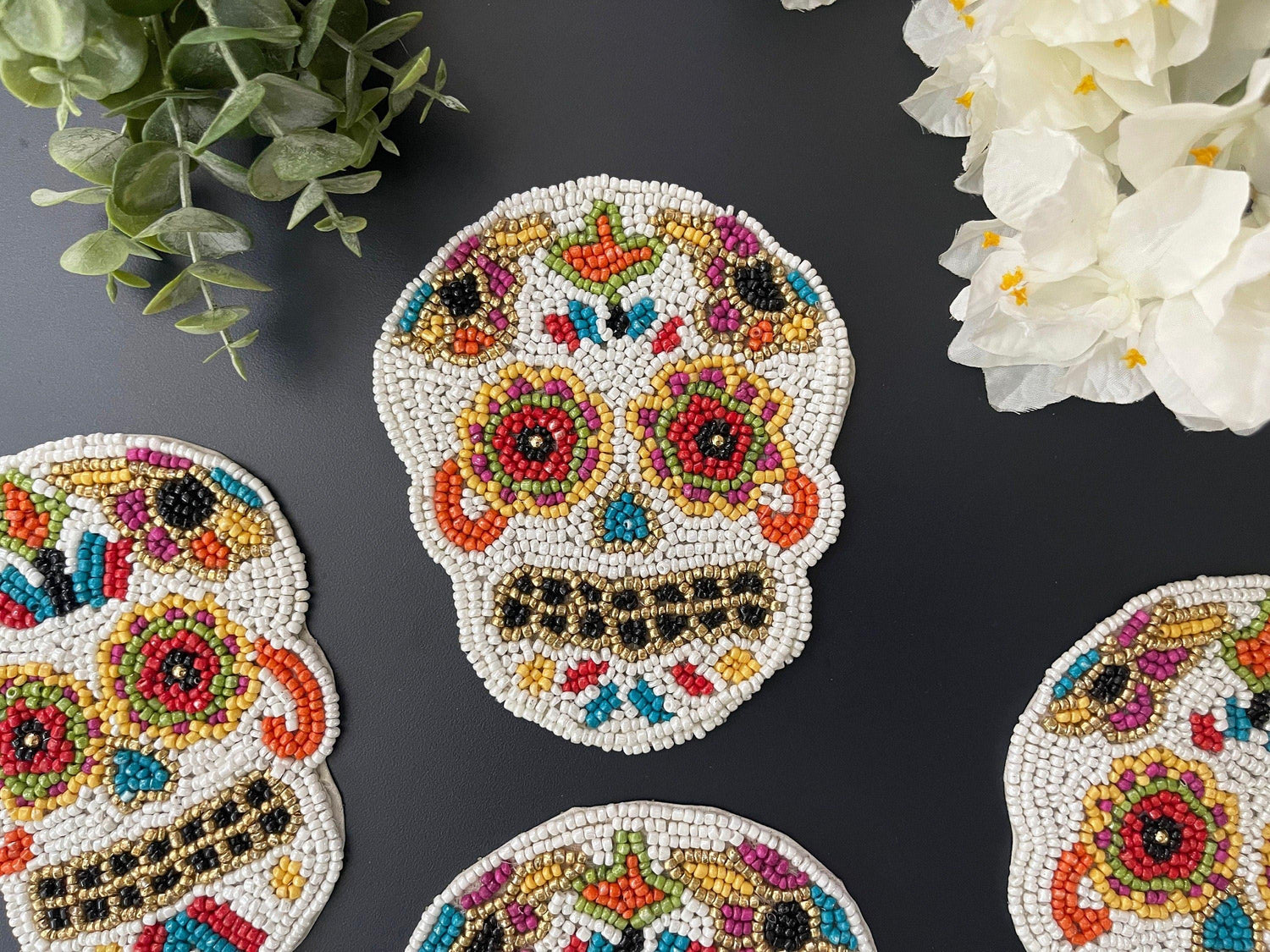 Dia de los Muertos Halloween Skull Bead Coasters Set of 6