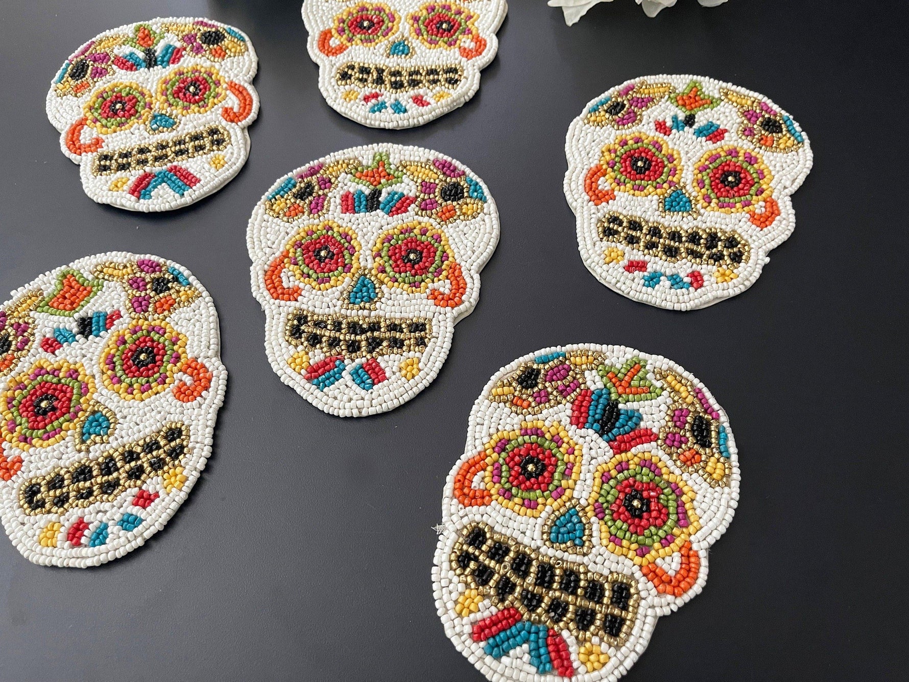 Dia de los Muertos Halloween Skull Bead Coasters Set of 6