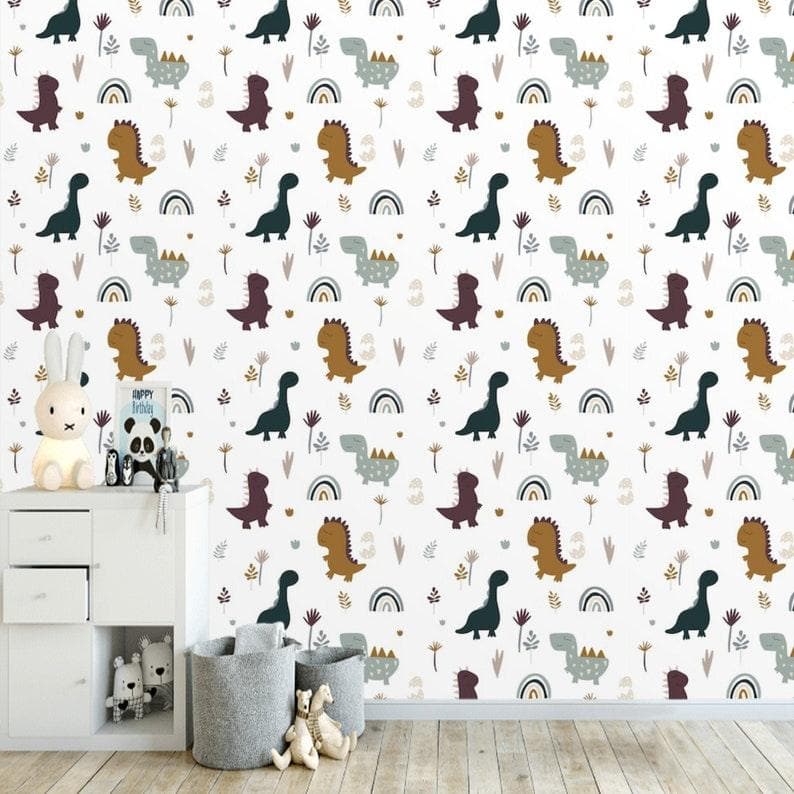 Dinosaur and Rainbow Nursery Wallpaper