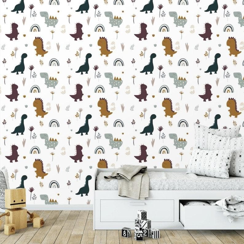 Dinosaur and Rainbow Nursery Wallpaper