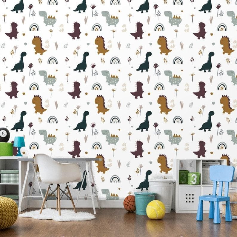 Dinosaur and Rainbow Nursery Wallpaper