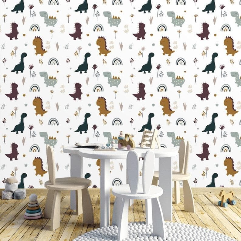 Dinosaur and Rainbow Nursery Wallpaper