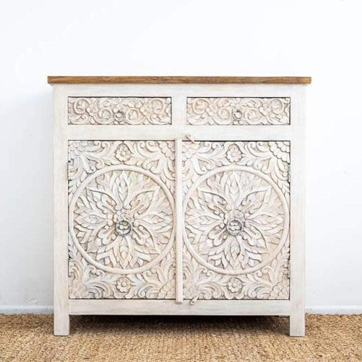 Distressed Floral Hand Carved Wooden Cabinet - MAIA HOMES