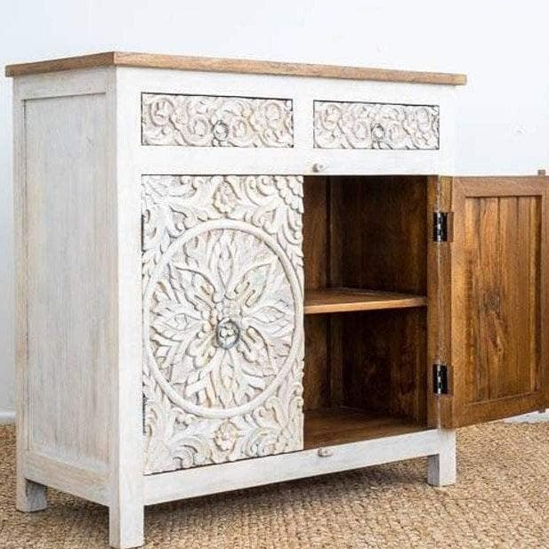 Distressed Floral Hand Carved Wooden Cabinet - MAIA HOMES